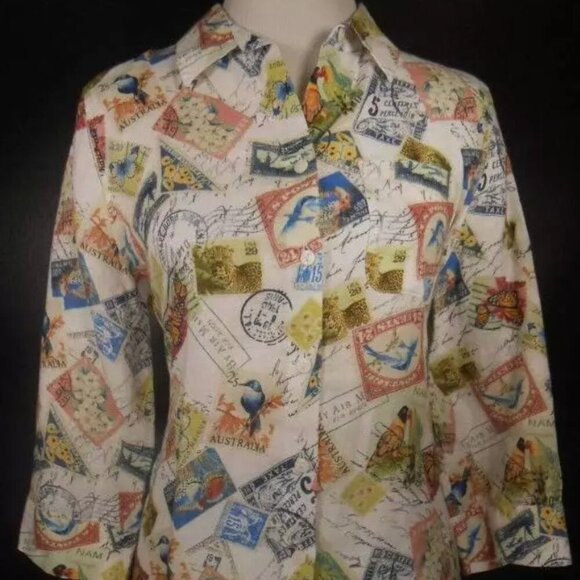 Chico's No-Iron Butterfly Stamp Travel 100 % Linen Button Down 3/4 Sleeve Shirt - Picture 3 of 8